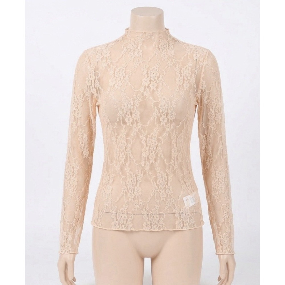 Avidlove Nude Beige Sheer Lace Mock Neck Long Sleeve Top Shirt M Ethereal Fairy